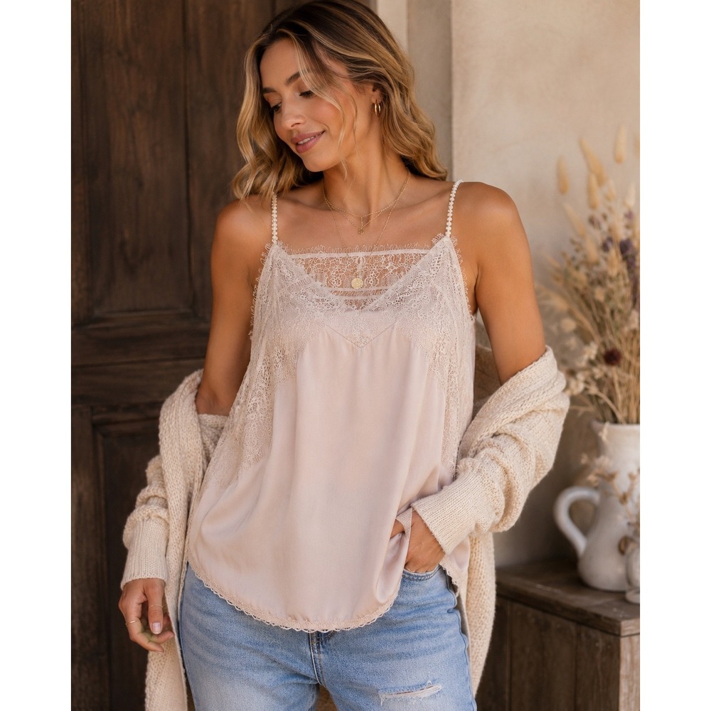 POL Women Champagne Satin-feel Eyelash Lace Trim Camisole V-Neck Cami Top NEW